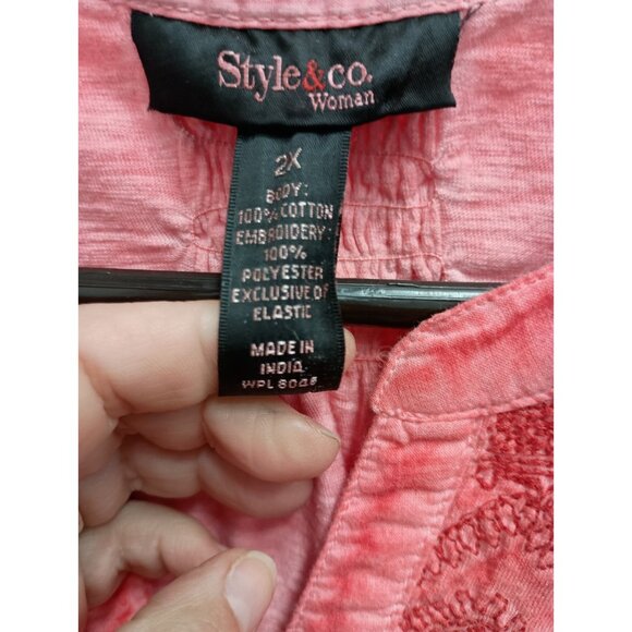 Style & Co Top Womens Size 2X Pink Embroidered Floral BOHO Peasant V-Neck - Picture 5 of 10